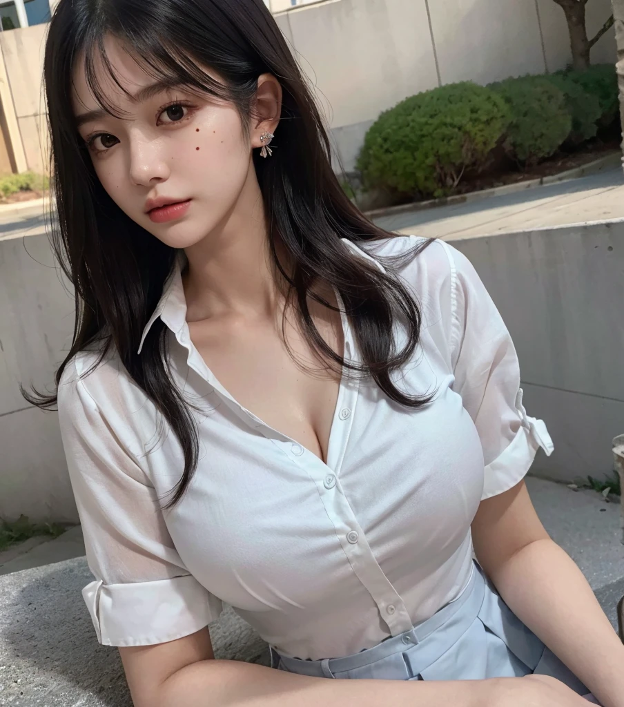 ((((absurdres, RAW photo, extremely delicate and beautiful, masterpiece, Best Quality, ultra high resolution, 32k, hyperrealistic, ultra-detailed)))), in her 20s, very Slim body, narrow waist, very small head, very small face, delicate facial features, beautiful face, beautiful eyes, ((((very huge round tits)))), medium hair, black hair, wavy hair, tearful mole, earring, ((full body shot)), buttoned shirt, collarbone, school_uniform, outdoor,