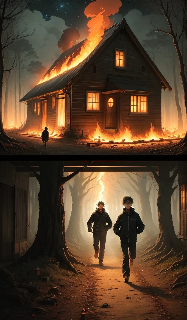 (Anime style:1.5), (highly detailed), (1 boy and 1 girl running out of the candy house in deep forest), (eerie atmosphere), (scared expressions), (house in flames behind them), (night sky illuminated by the fire), (sweets and treats all around), (forest path ahead), (sense of urgency and relief)