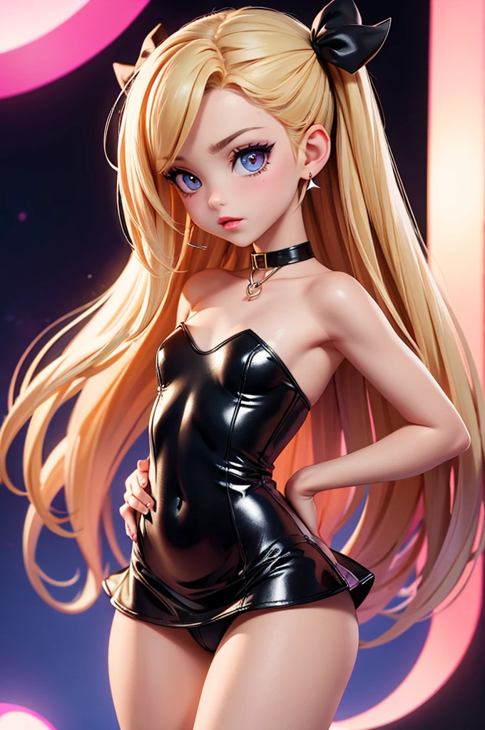 (nightclub) hyperrealistic old american teen, blonde, perfect tiny body, sexy, dark makeup, small choker, perfect slim face, big red lips, very cute face, tiny body, big eyes, young looking, childish looking, big earrings, pink latex party dress, standing, full body