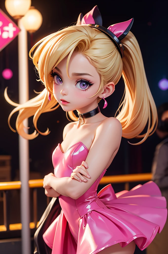 (nightclub) hyperrealistic  american teen, blonderfect tiny body, sexy, dark makeup, small choker, perfect slim face, big red lips, very cute face, tiny body, big eyes, young looking, childish looking, big earrings, pink latex party dress, standing, full body