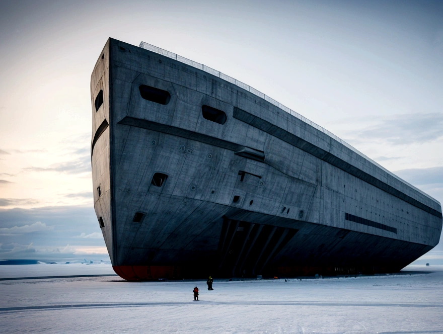 On a frozen planet, an alien spaceship of futuristic war and organic design is parked on the icy surface. The ship has an imposing structure with curved shapes, Several alien crew members are descending an extended ramp from the ship with spacesuits adapted to the icy environment., showing advanced and incomprehensible technologies. In the background, a brutalist minimalist concrete station is erected. The station has straight and robust lines, with a solid and monolithic appearance, contrasting with the icy surroundings. The structure is simple but imposing. cinematic lighting, very high resolution, 4K hyper realistic image
