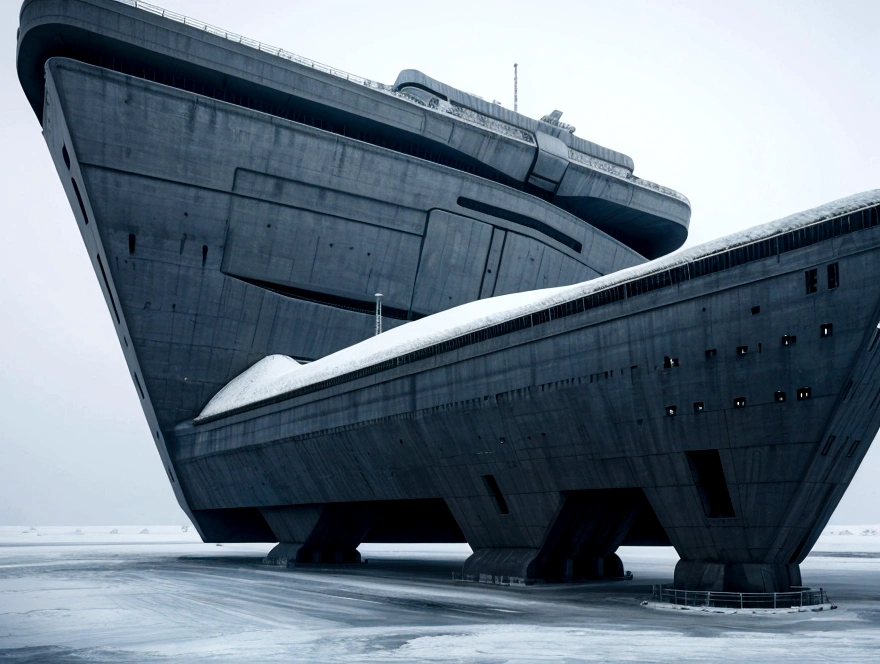 On a frozen planet, an alien spaceship of futuristic war and organic design is parked on the icy surface. The ship has an imposing structure with curved shapes, Several alien crew members are descending an extended ramp from the ship with spacesuits adapted to the icy environment., showing advanced and incomprehensible technologies. In the background, a brutalist minimalist concrete station is erected. The station has straight and robust lines, with a solid and monolithic appearance, contrasting with the icy surroundings. The structure is simple but imposing. cinematic lighting, very high resolution, 4K hyper realistic image
