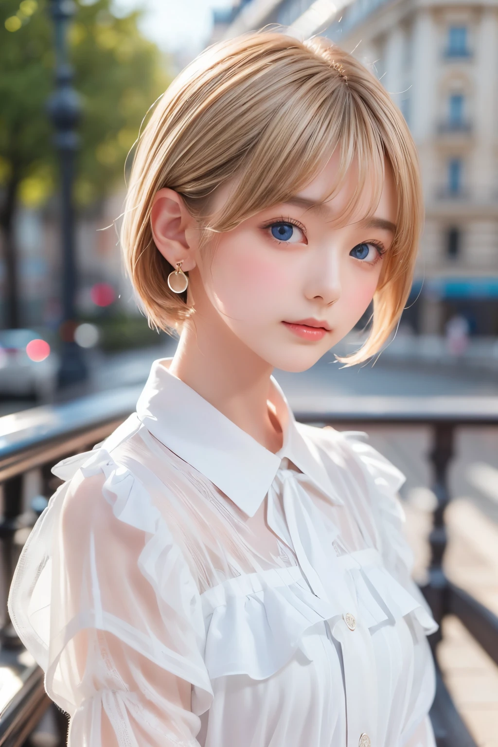 (8K, Highest quality, masterpiece: 1.2), Super detailed, Highest quality, Ultra-high resolution,,  Super Short Hair, side lock hair, Earrings,  Silky blonde, Professional Lighting,, Paris , Storm scene, Edwardian woman in white, watercolor  