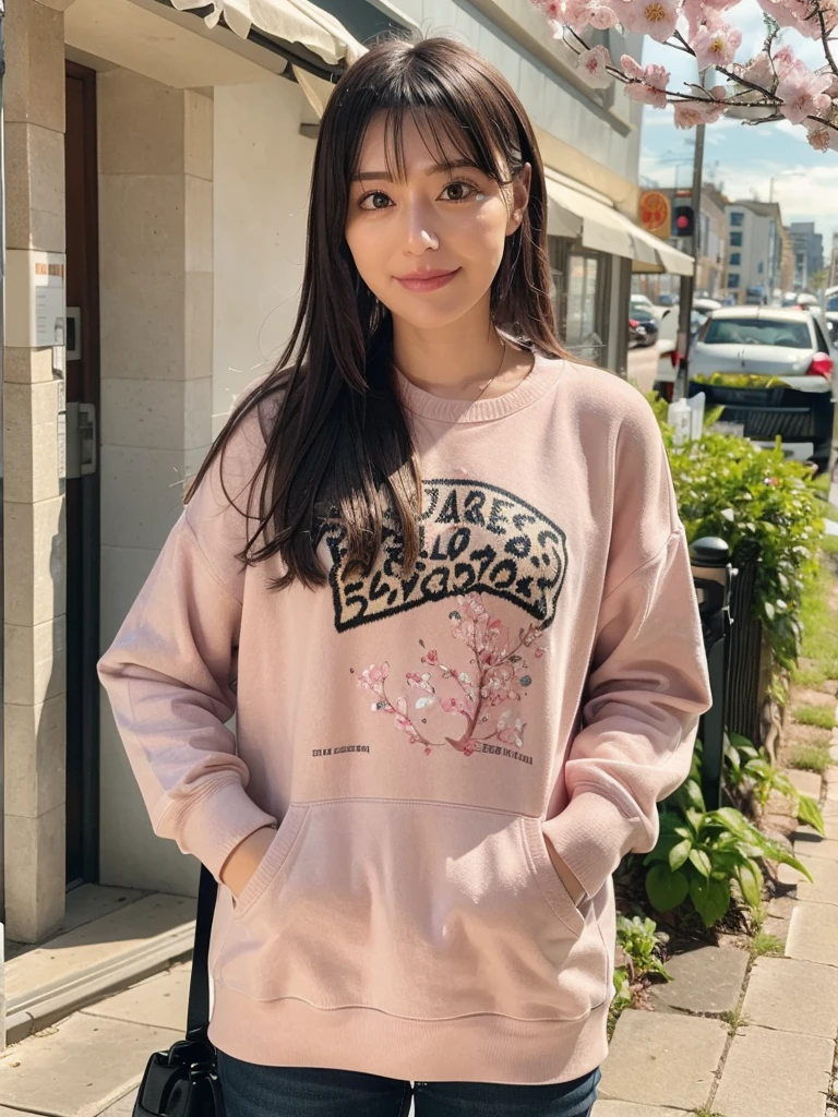 rie,One Woman,(best quality), (ultra detailed), (absolutely resolution),Face is front, 28 years old, Hands on hips, Pullover and slim pants, The color of the clothes is slate blue., The pattern on the clothes is leopard print., Brown Hair, In the spring cherry blossom flurry、In the scene of pink petals fluttering