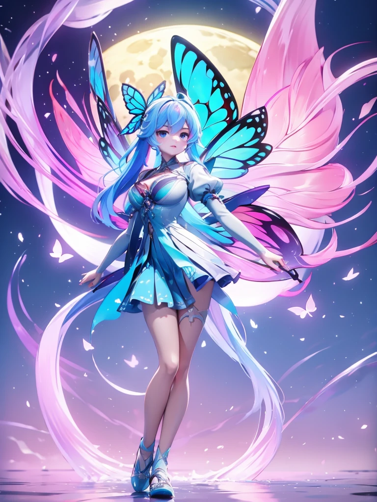 Seizo Watase style, Simple Line Initialism,Abstract art, 3d character, colorful hearts ,(((The most beautiful girl of all time))), (full body 1.2), only girl, long hair, bufferfly and sky background, 20 year old, full body, (((8k))), (((3d)), blue and pink hair, Large butterfly wings on the back, moon