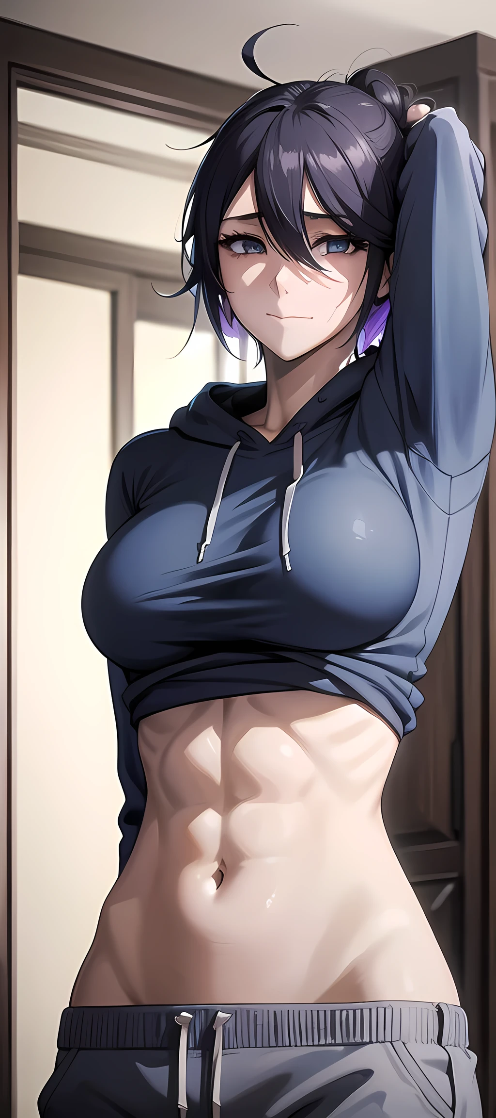 masterpiece, 1girl, solo, highlights in the eyes, angry, blue hoodie, white t-shirt, gray sweatpants, purple and blue two-tone hair, black back of hair, disheveled hair, indoor, in a living room, sexy, 8k, belly button, slim, beautiful skin, abs