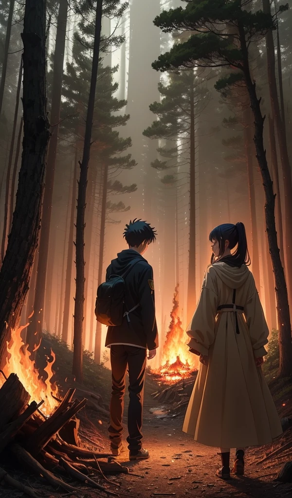 (Anime style:1.5), (highly detailed), (1 boy and 1 girl pausing at a safe distance), (looking back at the burning candy house in deep forest), (burned sweets and treats all around), (faces illuminated by the glow of the fire), (mixture of relief and lingering fear), (forest surrounding them)
