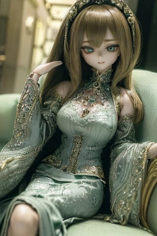 photorealistic, realistic photo, ((highest quality)), ((masterpiece)), (extremely detailed), kukolnydom, doll, (mature woman:1.6), solo, sitting on sofa, green eyes, (reclining on sofa, looking away, blank eyes, empty eyes, detailed eyes:1.3), (light smile), dress, museum, 8k