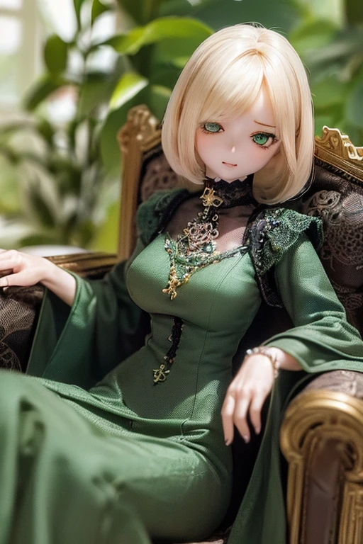 photorealistic, realistic photo, ((highest quality)), ((masterpiece)), (extremely detailed), kukolnydom, doll, (mature woman:1.6), solo, sitting on sofa, green eyes, (reclining on sofa, looking away, blank eyes, empty eyes, detailed eyes:1.3), (light smile), dress, museum, 8k