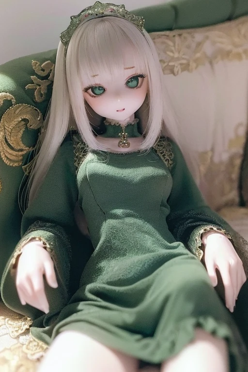 photorealistic, realistic photo, ((highest quality)), ((masterpiece)), (extremely detailed), kukolnydom, doll, (mature woman:1.6), solo, sitting on sofa, green eyes, (reclining on sofa, looking away, blank eyes, empty eyes, detailed eyes:1.3), (light smile), dress, museum, 8k