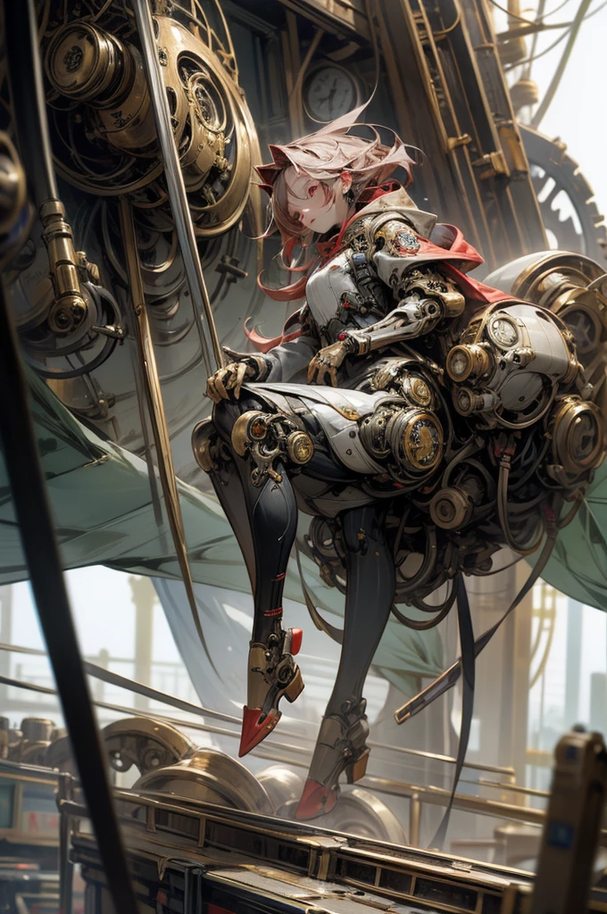 full body shot, High angle, focus on background, laboratory, manga, anime, watercolor, steampunk, masterpiece, best quality, extremely detailed, 8K, a woman, solo, robot suit, robot, half-up, beautiful red eyes, pensive, mesh, cool, looking at the camera, gold piercing,