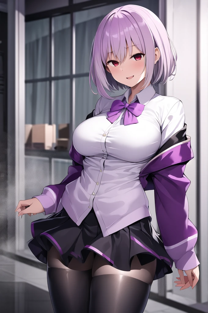 masterpiece, best quality, highres, aaakane, short hair, red eyes, large breasts, purple bowtie, collared shirt, white shirt, off shoulder, purple jacket, partially unzipped, long sleeves, sleeves past wrists, pleated skirt, black skirt, pantyhose, cowboy shot, standing, sky,Corruption,