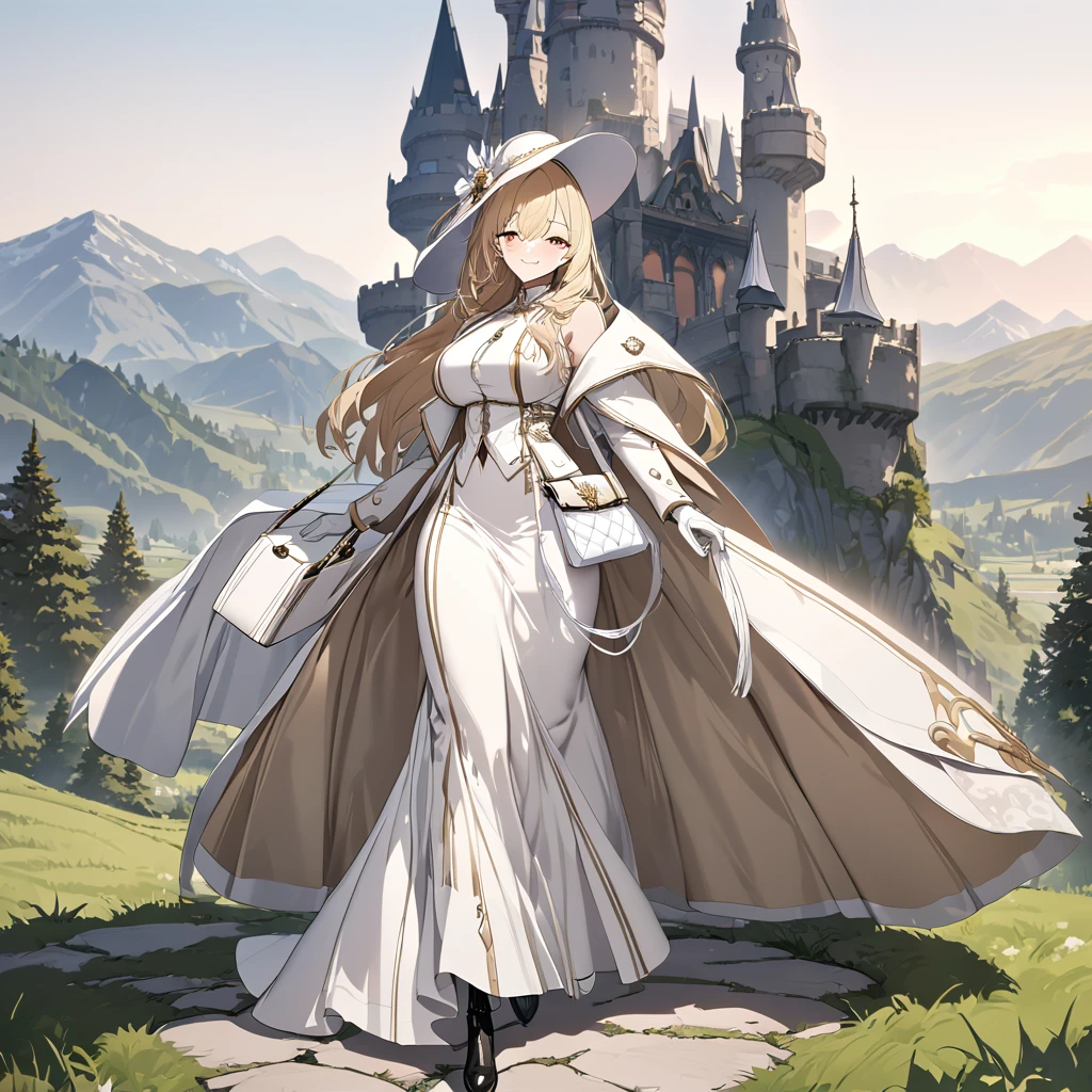 A woman wearing open luxury beige coat, white dress with silver details, black boots, holding a luxury bag, blonde hair, long hair, wearing white madam's hat, red eyes, walking on a platform of a castle with wide view of a grassy terrain with mountains in the background, white gloves, smiling, big breasts,,UHD, prime work, accurate, anatomically correct, textured skin, super details, high quality, best quality, 8k, high resolution, bokeh effect. (woman alone)
