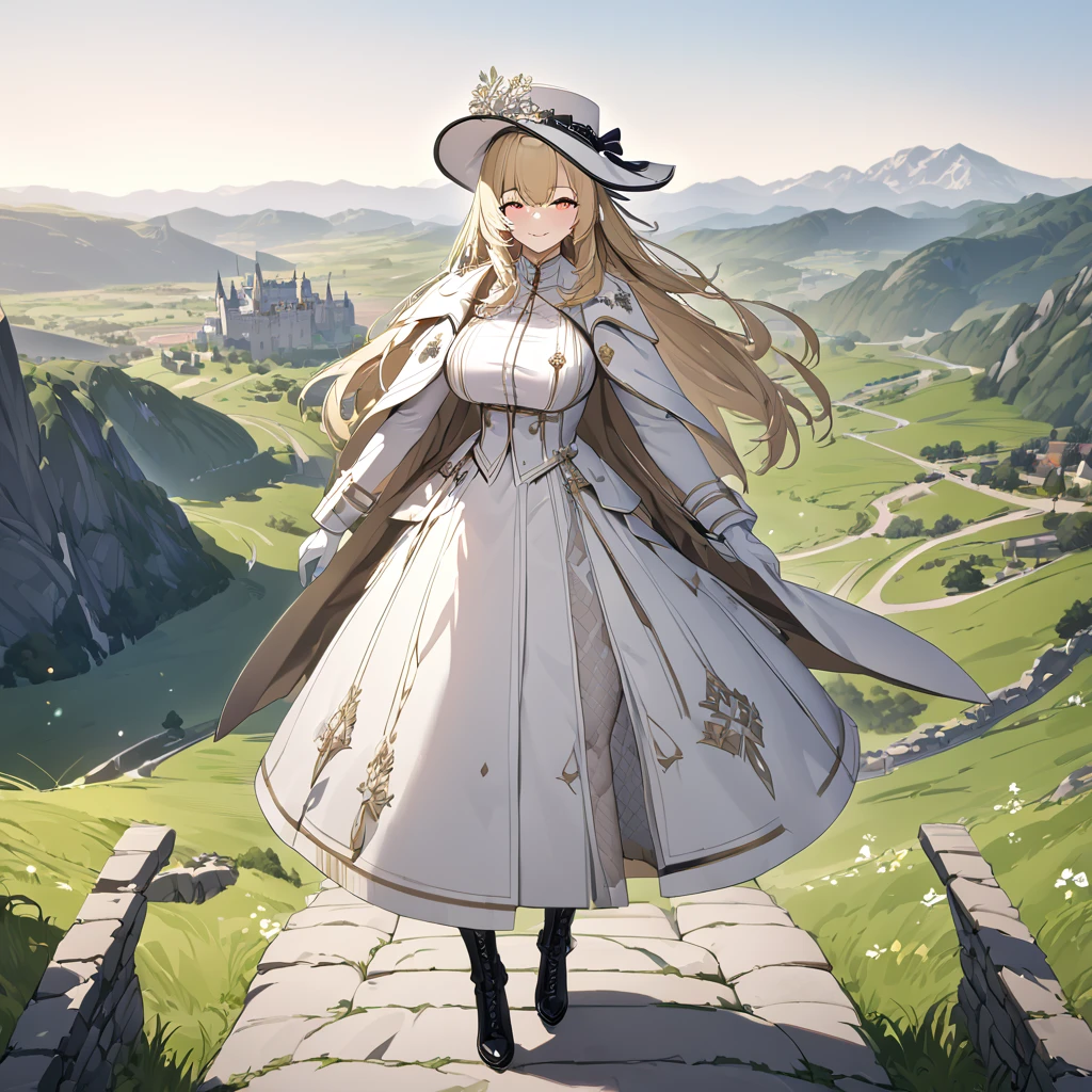 A woman wearing open luxury beige coat, white dress with silver details, black boots, holding a luxury bag, blonde hair, long hair, wearing white madam's hat, red eyes, walking on a platform of a castle with wide view of a grassy terrain with mountains in the background, white gloves, smiling, big breasts,,UHD, prime work, accurate, anatomically correct, textured skin, super details, high quality, best quality, 8k, high resolution, bokeh effect. (woman alone)
