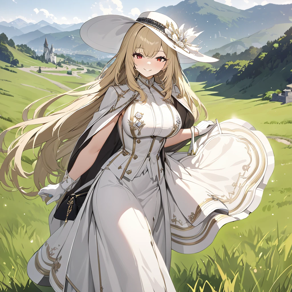 A woman wearing open luxury beige coat, white dress with silver details, black boots, holding a luxury bag, blonde hair, long hair, wearing white madam's hat, red eyes, walking on a platform of a castle with wide view of a grassy terrain with mountains in the background, white gloves, smiling, big breasts,,UHD, prime work, accurate, anatomically correct, textured skin, super details, high quality, best quality, 8k, high resolution, bokeh effect. (woman alone)
