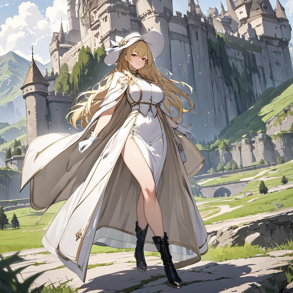 A woman wearing open luxury beige coat, white dress with silver details, black boots, holding a luxury bag, blonde hair, long hair, wearing white madam's hat, red eyes, walking on a platform of a castle with wide view of a grassy terrain with mountains in the background, white gloves, smiling, big breasts,,UHD, prime work, accurate, anatomically correct, textured skin, super details, high quality, best quality, 8k, high resolution, bokeh effect. (woman alone)
