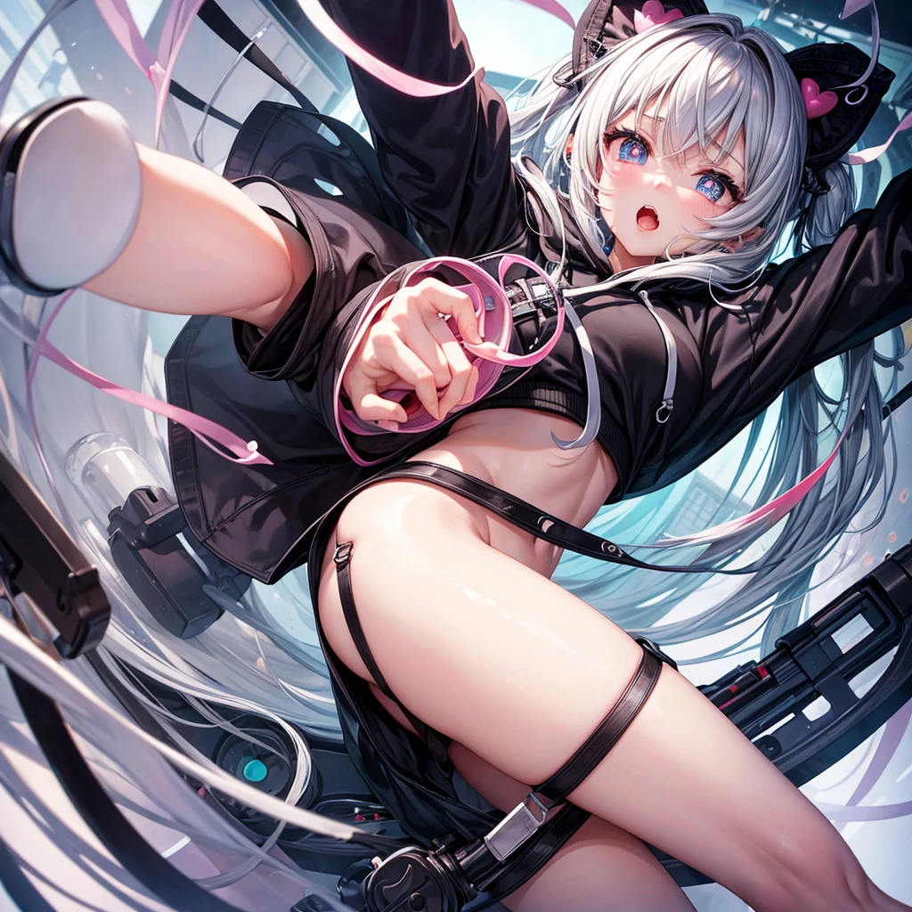 masterpiece,One girl,alone ,Heart-shaped pupils,Open your mouth,hoodie,, Static Restraints,