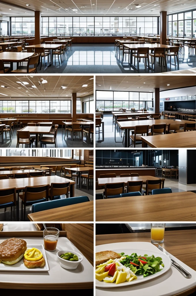Several images of a cafeteria during the day at different angles
