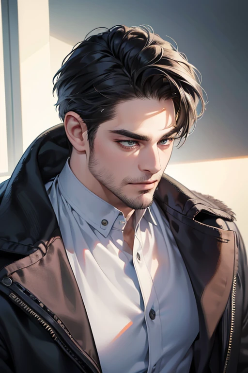(best quality,4k,8k,highres,masterpiece:1.2),ultra-detailed,(realistic,photorealistic,photo-realistic:1.37),30 year old man,3 day beard,handsome anime,portraits,strong,masculine,dark hair,sharp jawline,mesmerizing eyes,perfectly styled hair,cool anime outfit,confident expression,vibrant colors,dynamic lighting, CEO and expression smile in love.

