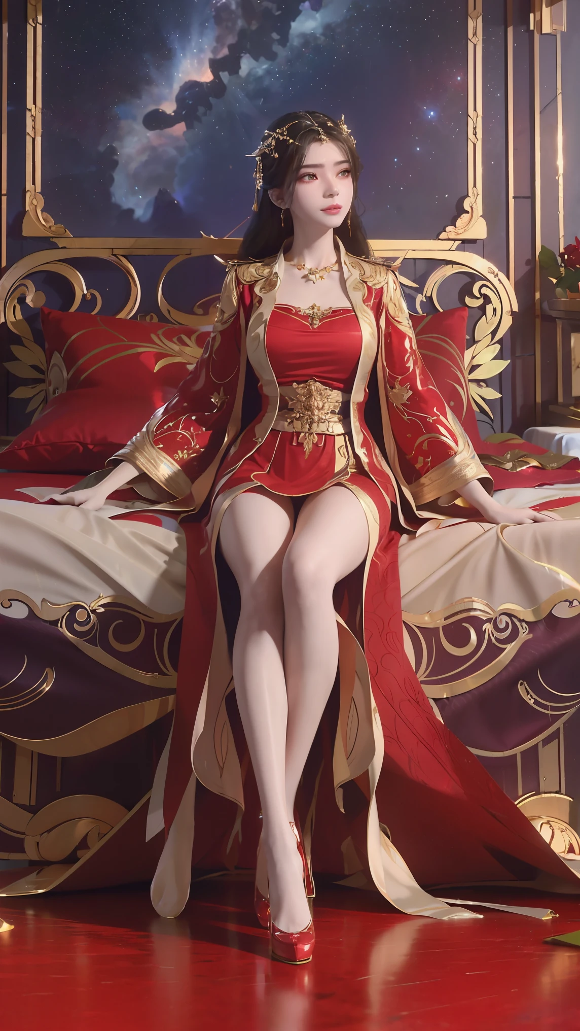 一个穿着红色衣裙的女孩躺在Starry Sky下的床上,Exquisite smile,Beautiful and delicate eyes,Beautiful and delicate lips,Extremely detailed face and eyes,Long eyelashes,Full body,Flowing hair,best quality,excellent work,Super,(Reality:1.4),RAW photos,(Beautiful face:1.2),(Lying in bed:1.5),1 girl,(absurd),(8K), (4K),Octane Rendering,Starry Sky,((Full body view)),Wearing red crystal high heels,Cross-legged