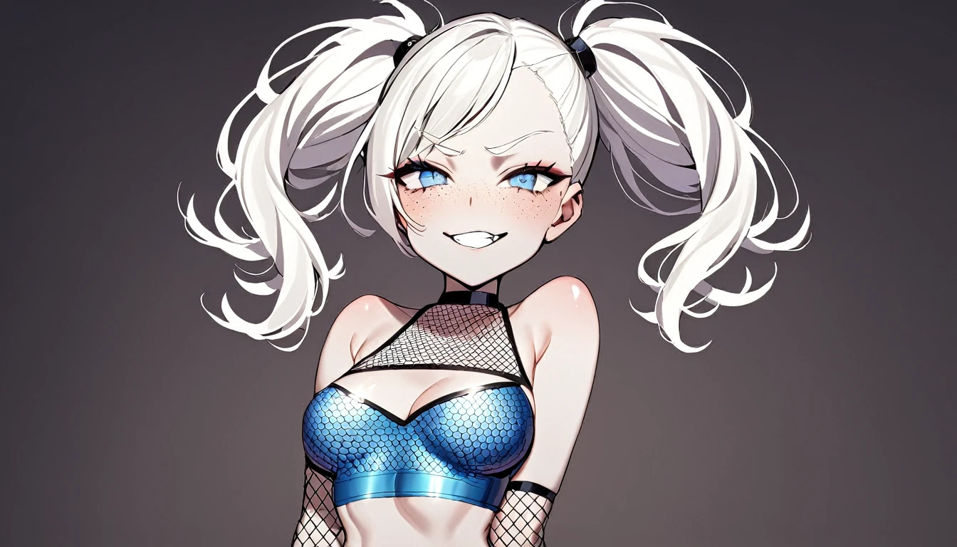 1 Girl, Mesh Crop Top , Fishnet Pants, Medium Breasts, Blue Eyes, Platinum White Hair, Twin Tail Hair Style, Pale White Skin, Smooth Skin, Face Freckles, Nice Cleavage, Slutty, Sexy, Sassy, Smirking, Tease, Teasing