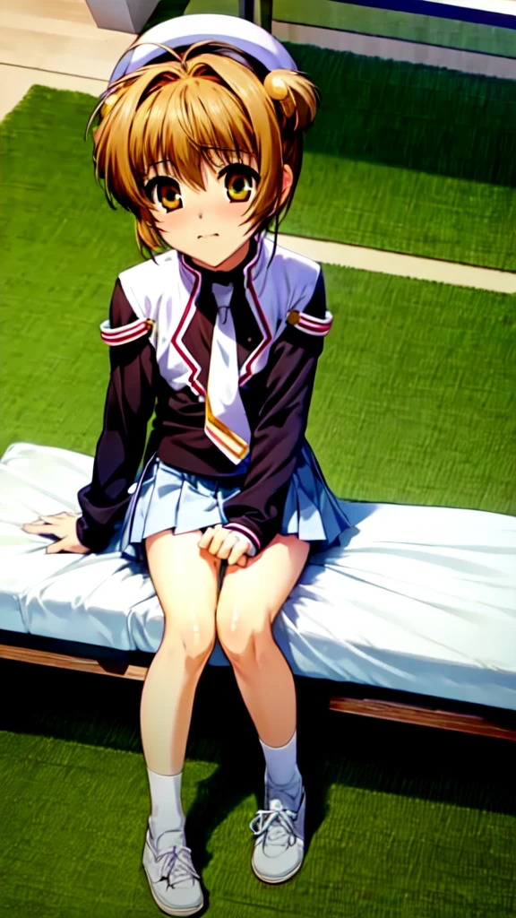 masterpiece, best quality, highres, kinomoto sakura, 1girl, brown hair, short hair, antenna hair, two side up, hair bobbles, green eyes, , white sailor collar, black shirt, long sleeves, white skirt, pleated skirt, sitting, eating, outdoors, bench, food, leaf, (masterpiece, best quality: 1.2),(very detailed face, real image, realistic skin, realistic body, intricate details),1 woman, Kinomoto Sakura, brown hair, alone, skirt, green eyes, Short hair, have, white skirt, white hat, Magic Girl, Antenna hair, laugh, serafuku, pleated skirt, dehisce, looking at viewer, cowboy shot, long sleeves, star (symbol), muffler, lie down in bed with both arms extended above the head and placed behind the pillow, anime girl lying down, expose plump breasts, whole body, plump thighs, Natural Pose, beautifully, cute, Fix errors without any awkwardness, tall, I have long legs, Wearing (tomoeda_초등school_school_Uniform),black top, tennis mini skirt,cry in shame, wearing white ankle socks, random sexy poses