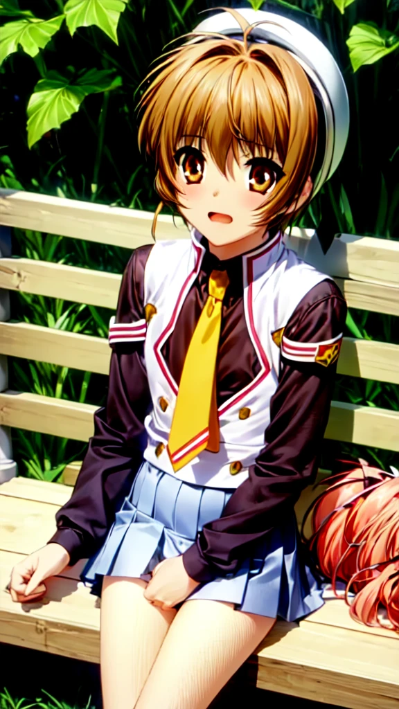 masterpiece, best quality, highres, kinomoto sakura, 1girl, brown hair, short hair, antenna hair, two side up, hair bobbles, green eyes, , white sailor collar, black shirt, long sleeves, white skirt, pleated skirt, sitting, eating, outdoors, bench, food, leaf, (masterpiece, best quality: 1.2),(very detailed face, real image, realistic skin, realistic body, intricate details),1 woman, Kinomoto Sakura, brown hair, alone, skirt, green eyes, Short hair, have, white skirt, white hat, Magic Girl, Antenna hair, laugh, serafuku, pleated skirt, dehisce, looking at viewer, cowboy shot, long sleeves, star (symbol), muffler, lie down in bed with both arms extended above the head and placed behind the pillow, anime girl lying down, expose plump breasts, whole body, plump thighs, Natural Pose, beautifully, cute, Fix errors without any awkwardness, tall, I have long legs, Wearing (tomoeda_초등school_school_Uniform),black top, tennis mini skirt,cry in shame, wearing white ankle socks, random sexy poses