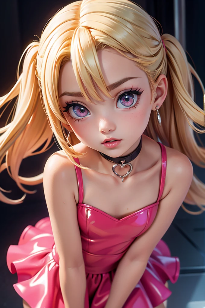 (nightclub) hyperrealistic american teen, blonderfect tiny body, sexy, dark makeup, small choker, perfect slim face, big red lips, very cute face, tiny body, big eyes, young looking, childish looking, big earrings, pink latex party dress, standing, full body