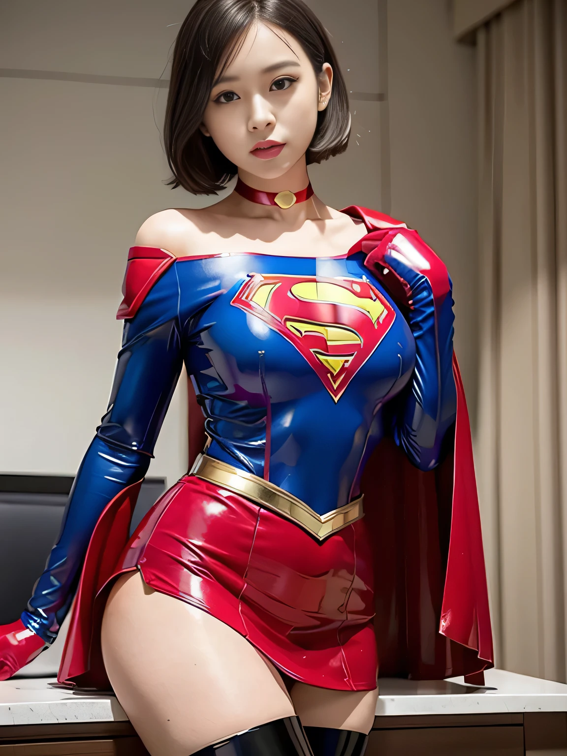 masterpiece、Latex Supergirl Costume、short hair、operating table、Patent leather boots、Big and ample breasts、choker、Long sleeve、Red mini skirt、Looking at the camera、Off the shoulder、Beautiful Body、