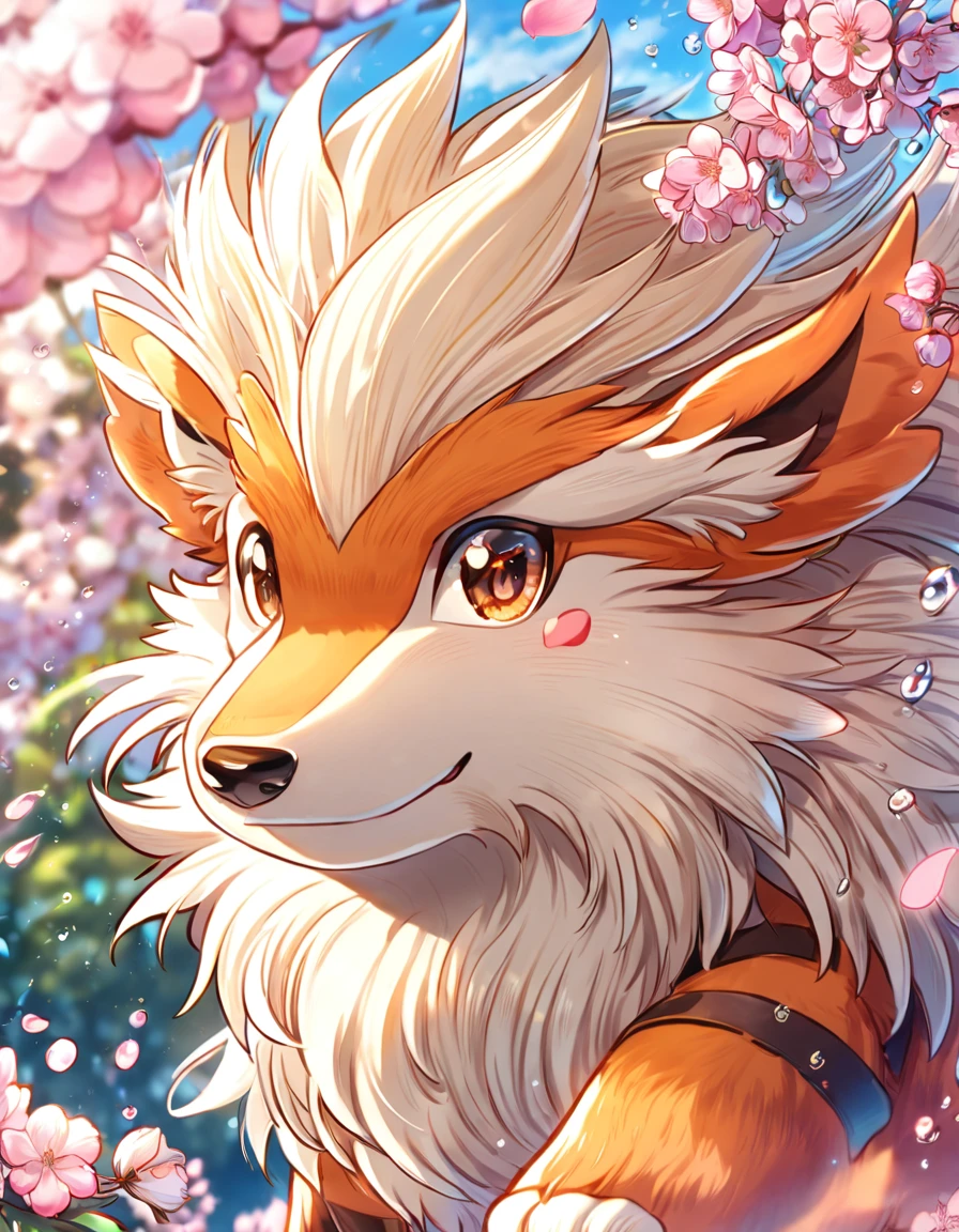 absurdres, highres, ultra detailed, HDR, master piece, Arcanine, expressive brown eyes, Pokemon, extremely cute, best quality, blossoms, pink petals, pink flowers, fantasy, magical, solo, summer, droplet