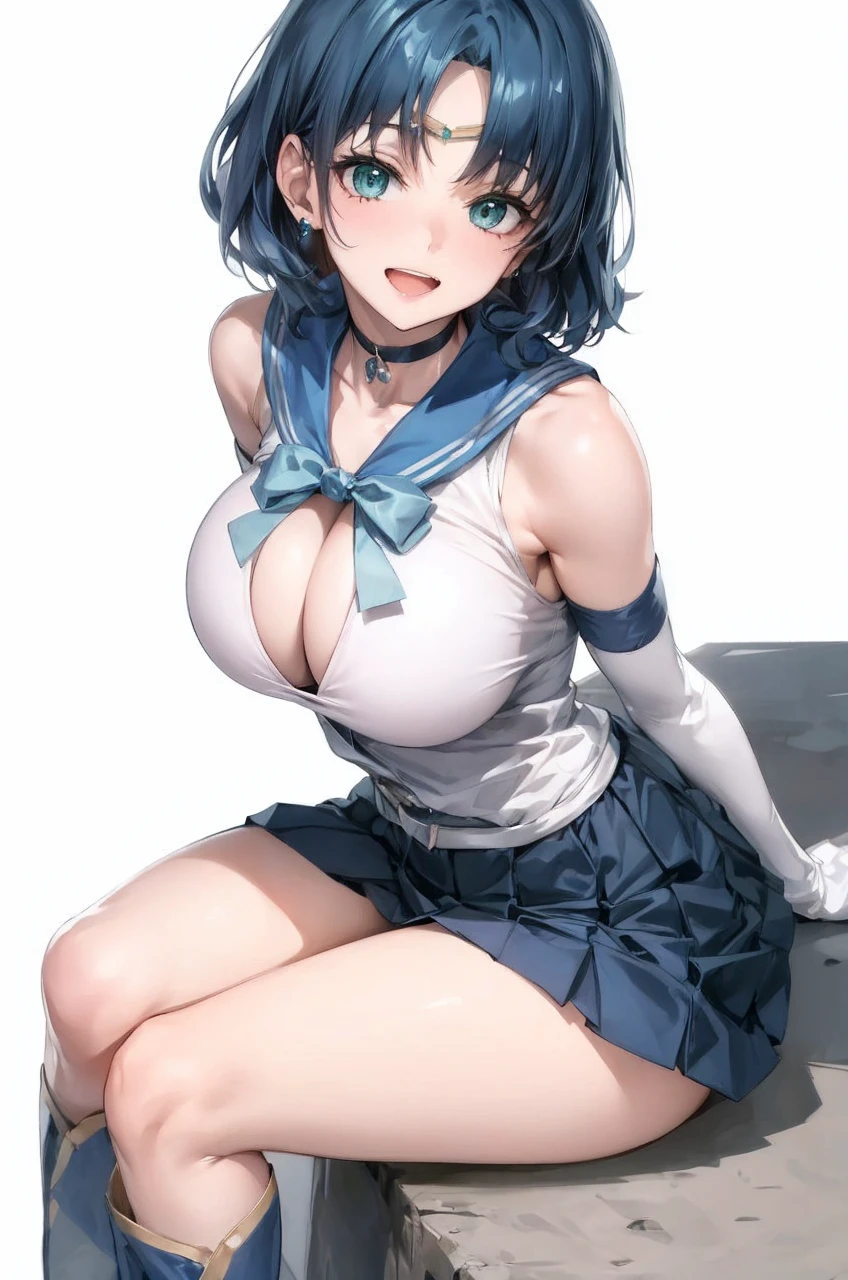 Make her bustier with green eyes and only with a bra and short skirt