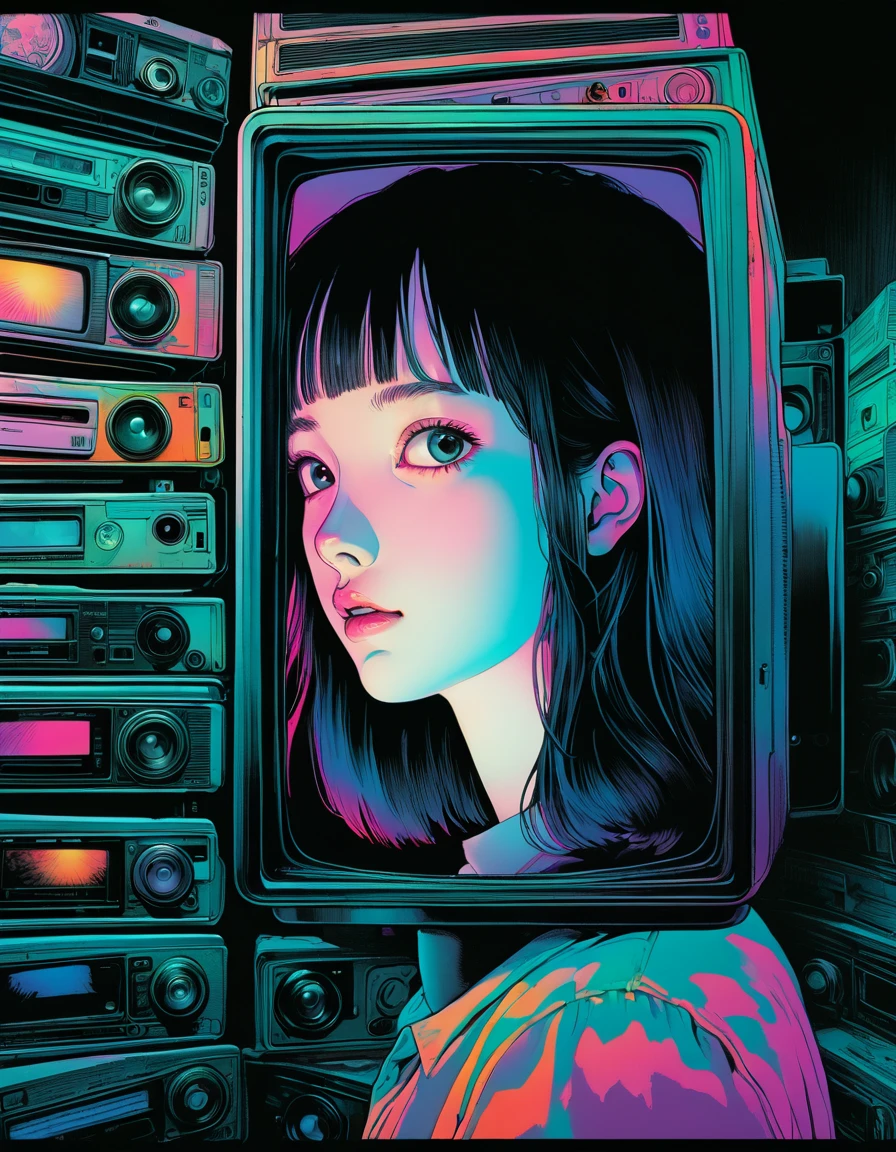 An illustration、art、Supervised by Junji Ito、Hidden Images、double image、double image、High detail, Realistic shadows、Analog Style, VHS style, 8mm film, chromatic aberration, DVD Screen Grab、Complementary Gradient、Surrealism