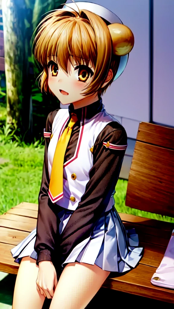 masterpiece, best quality, highres, kinomoto sakura, 1girl, brown hair, short hair, antenna hair, two side up, hair bobbles, green eyes, , white sailor collar, black shirt, long sleeves, white skirt, pleated skirt, sitting, eating, outdoors, bench, food, leaf, (masterpiece, best quality: 1.2),(very detailed face, real image, realistic skin, realistic body, intricate details),1 woman, Kinomoto Sakura, brown hair, alone, skirt, green eyes, Short hair, have, white skirt, white hat, Magic Girl, Antenna hair, laugh, serafuku, pleated skirt, dehisce, looking at viewer, cowboy shot, long sleeves, star (symbol), muffler, lie down in bed with both arms extended above the head and placed behind the pillow, anime girl lying down, expose plump breasts, whole body, plump thighs, Natural Pose, beautifully, cute, Fix errors without any awkwardness, tall, I have long legs, Wearing (tomoeda_초등school_school_Uniform),black top, tennis mini skirt,cry in shame, wearing white ankle socks, random sexy poses