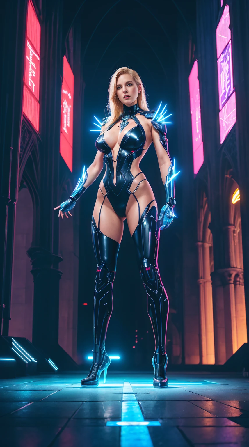 ((full body photo, standing, on the ground))full body portrait of Emma Frost from DC with intricate angular cybernetic implants inside a brutalist building, gothic brutalist cathedral, cyberpunk, award-winning photo, bokeh, neon lights, cybernetic limb, revealing outfit, sexy