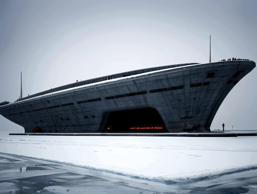 On a frozen planet, an alien spaceship of futuristic war and organic design is parked on the icy surface. The ship has an imposing structure with curved shapes, Several alien crew members are descending an extended ramp from the ship with spacesuits adapted to the icy environment., showing advanced and incomprehensible technologies. In the background, a brutalist minimalist concrete station is erected. The station has straight and robust lines, with a solid and monolithic appearance, contrasting with the icy surroundings. The structure is simple but imposing. cinematic lighting, very high resolution, 4K hyper realistic image
