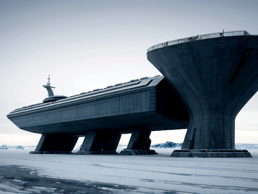 On a frozen planet, an alien spaceship of futuristic war and organic design is parked on the icy surface. The ship has an imposing structure with curved shapes, Several alien crew members are descending an extended ramp from the ship with spacesuits adapted to the icy environment., showing advanced and incomprehensible technologies. In the background, a brutalist minimalist concrete station is erected. The station has straight and robust lines, with a solid and monolithic appearance, contrasting with the icy surroundings. The structure is simple but imposing. cinematic lighting, very high resolution, 4K hyper realistic image
