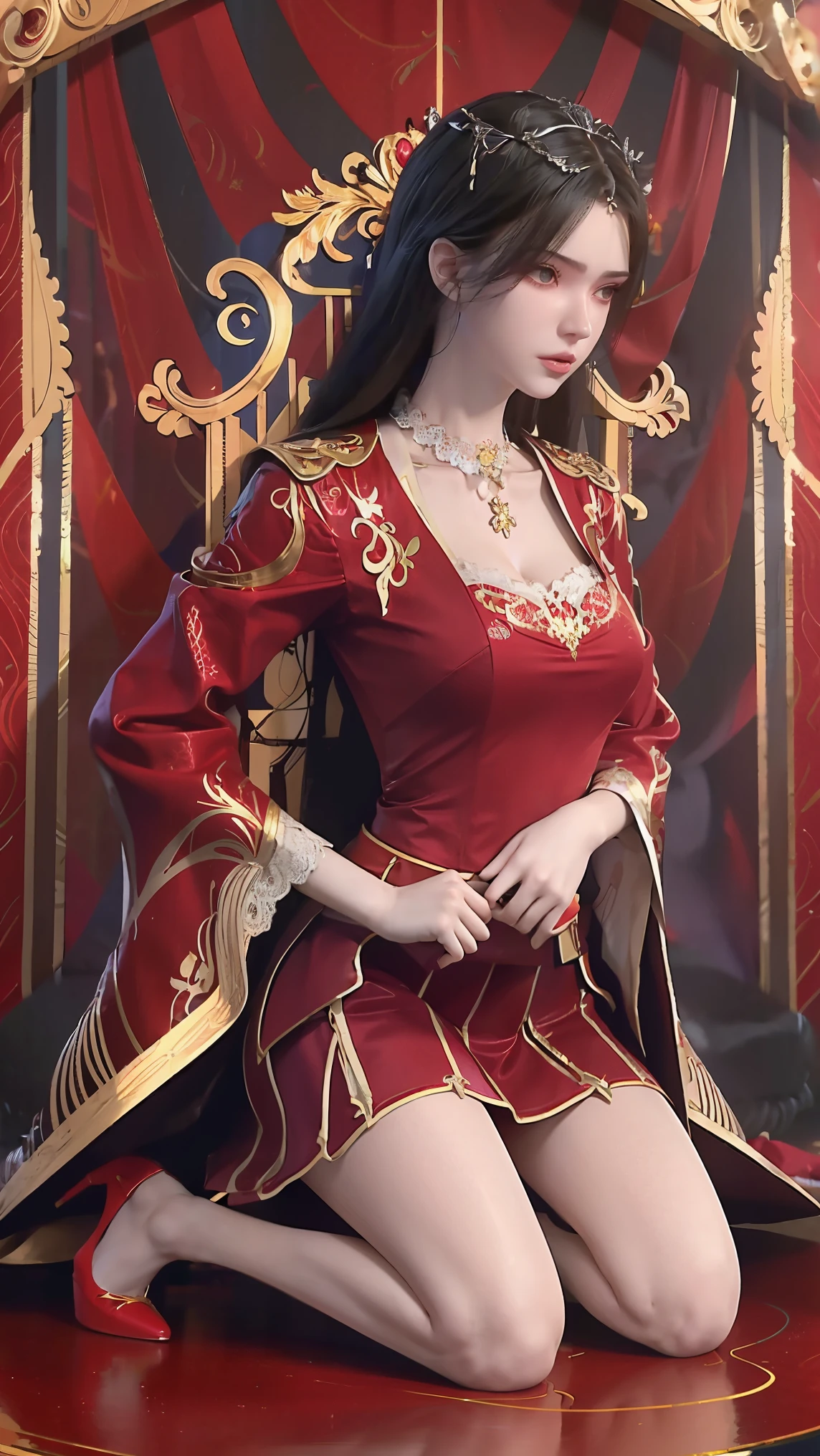 best quality,masterpiece,The Ultimate Solution,Fluffy,Extremely colorful,Mature beautiful woman,(Dress school uniform),Lace skirt,(Beautiful woman beheaded),Normal posture,(Kneeling),Kneeling on the bed,shackles,Beheading,collar,Red dress ,Red high heels,Normal posture