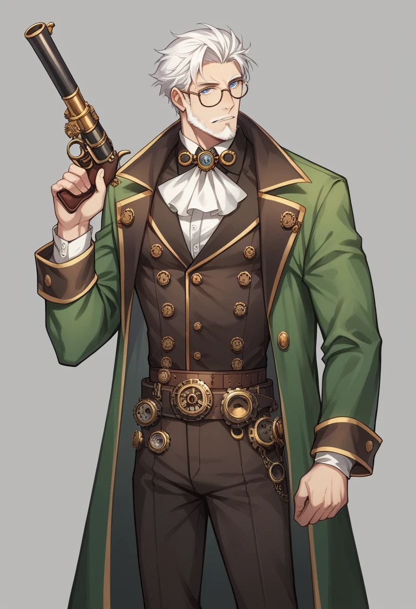 steampunk diner, blacksmith working, male, fully body, lilac eyes, mad look, glad, white hair, white bearded, steampunk glasses, steampunk tool belt, a rifle on the back, and a revolver on his waist, wearing black clothes with silver accessories, wearing a green coat with gold details