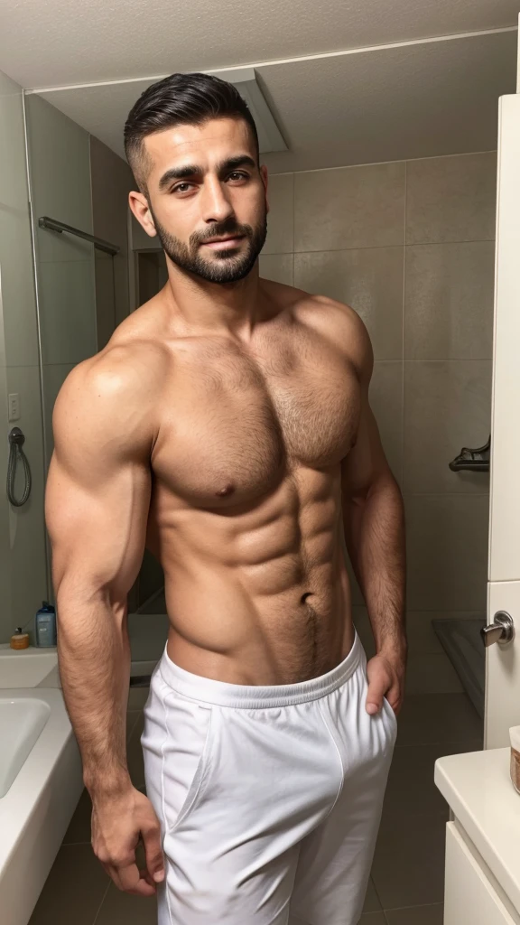 real image of a 30 year old handsome model Turkish man with short barber cut hair without a shirt in the bathroom
