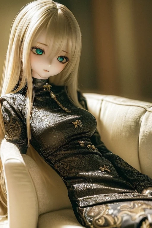 photorealistic, realistic photo, ((highest quality)), ((masterpiece)), (extremely detailed), kukolnydom, doll, (mature woman:1.6), solo, sitting on sofa, green eyes, (reclining on sofa, looking away, blank eyes, empty eyes, detailed eyes:1.3), (light smile), dress, museum, 8k