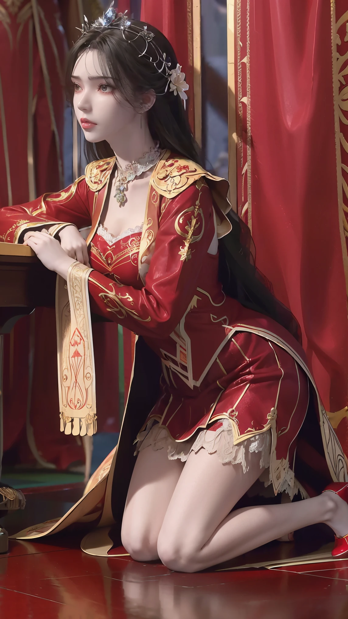 best quality,masterpiece,The Ultimate Solution,Fluffy,Extremely colorful,Mature beautiful woman,(Dress school uniform),Lace skirt,(Beautiful woman beheaded),Normal posture,(Kneeling),Kneeling on the bed,shackles,Beheading,collar,Red dress ,Red high heels,Normal posture