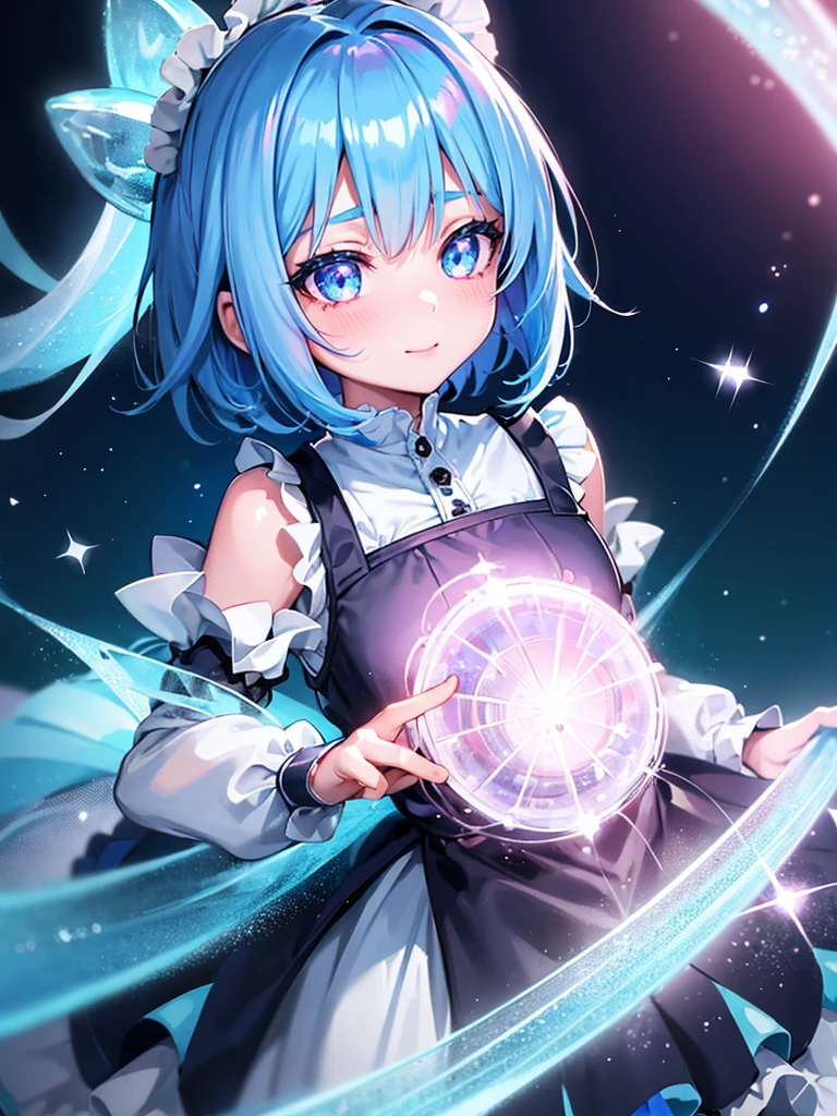 1girl, portrait, anime girl with short blue hair wearing maid outfit, blue hair with pink gradient, close up face, detailed eyes, detailed hair, emotional lovely happy expression, crystal glowing eyes, cinematic lighting, extremely detailed body, face, clothes, ultra HD, masterpiece, very very anime style, bokeh, starry shining lighting