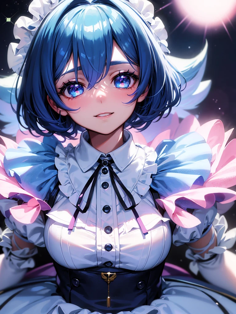 1girl, portrait, loli anime girl with short blue hair wearing maid outfit, blue hair with pink gradient, close up face, detailed eyes, detailed hair, emotional lovely happy expression, crystal glowing eyes, cinematic lighting, extremely detailed body, face, clothes, ultra HD, masterpiece, very very anime style, bokeh, starry shining lighting