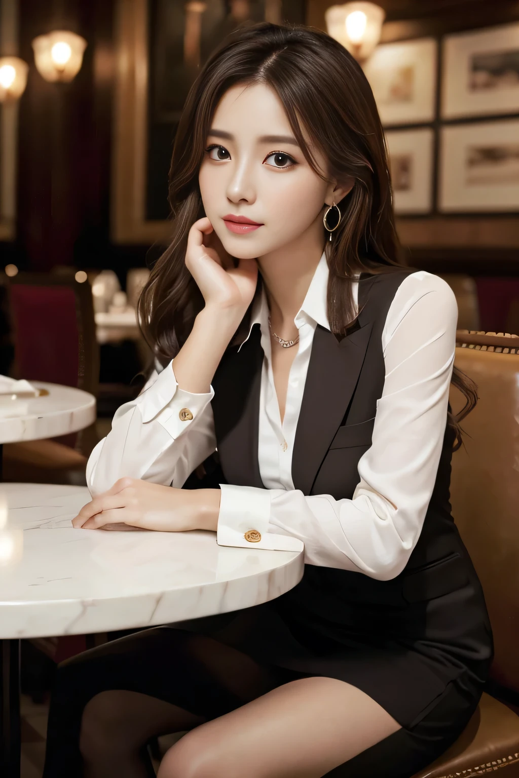 masterpiece, Highest quality, Realistic, Very detailed, Finer details, High resolution, 8k wallpaper, One beautiful woman, Wear a nice suit, In a great restaurant, At ht, Light brown messy hair, Perfect dynamic composition, Beautiful and beautiful eyes、Big earrings、Sit on a chair