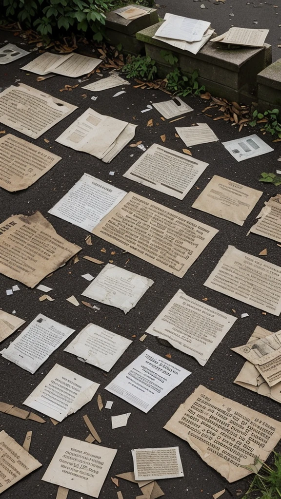 A scene showing old, weathered leaflets scattered on the ground, with messages about the end of World War Il, ignored and crumpled
