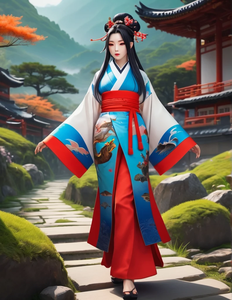 quality(8k wallpaper of extremely detailed CG unit, masterpiece, hight resolution, top-quality, top-quality real texture skin,hyper realisitic, digitial painting,increase the resolution,RAW photos,best qualtiy,highly detailed,the wallpaper),BREAK,8K, onmyoji-style art, she walking on the toad to beautiful landscapes, sunglasses