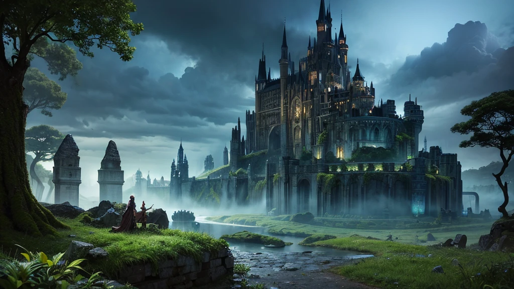 a maze,fantasy landscape,intricate detailed architecture,fantasy castle,ancient ruins,moss covered stones,glowing magical lights,dramatic lighting,epic fantasy,digital art,cinematic composition,highly detailed,8k,masterpiece