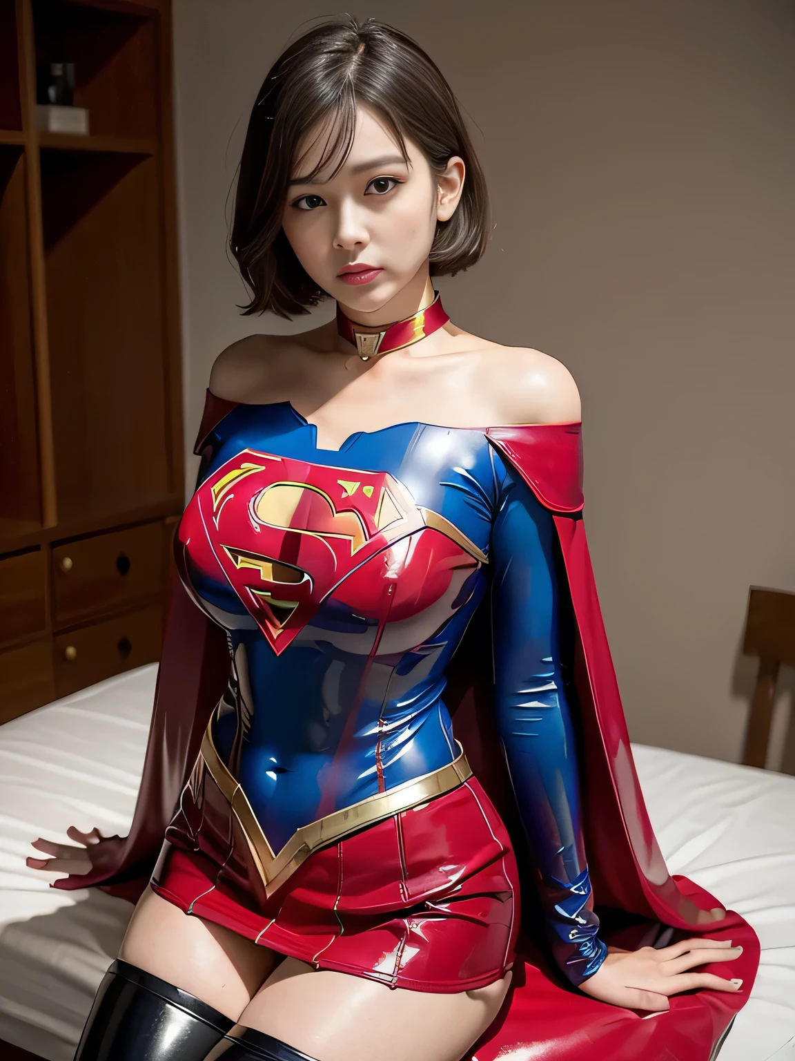 masterpiece、Latex Supergirl Costume、short hair、operating table、Patent leather boots、Big and ample breasts、choker、Long sleeve、Red mini skirt、Looking at the camera、Off the shoulder、Beautiful Body、