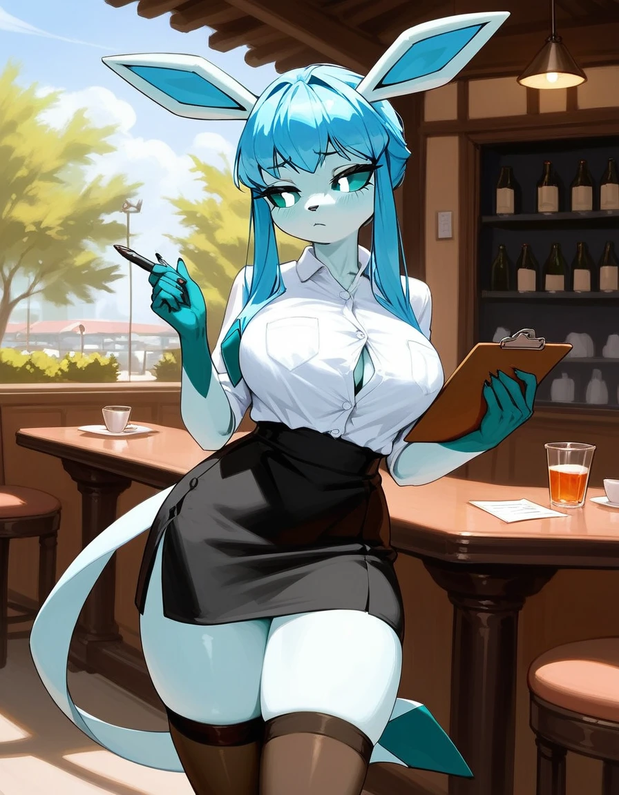 Solo, score_9,score_8_up,score_7_up, source_furry, an Anthro furry Glaceon female, blue sclera, white eyes, wearing white button up shirt, black skirt, thigh high socks, in a cafe, looking bored, holding a single clipboard, standing, looking away,vore anal,breast,