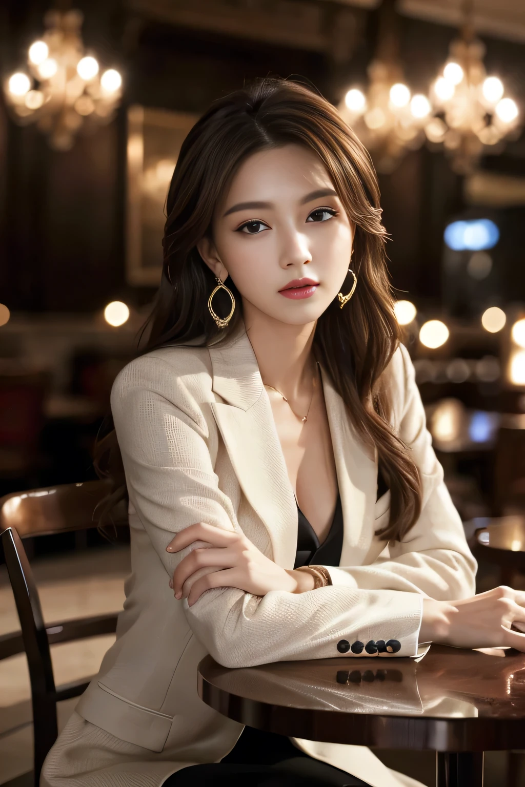masterpiece, Highest quality, Realistic, Very detailed, Finer details, High resolution, 8k wallpaper, One beautiful woman, Wear a nice suit, In a great restaurant, At night, Light brown messy hair, Perfect dynamic composition, Beautiful and beautiful eyes、Big earrings、Sit on a chair